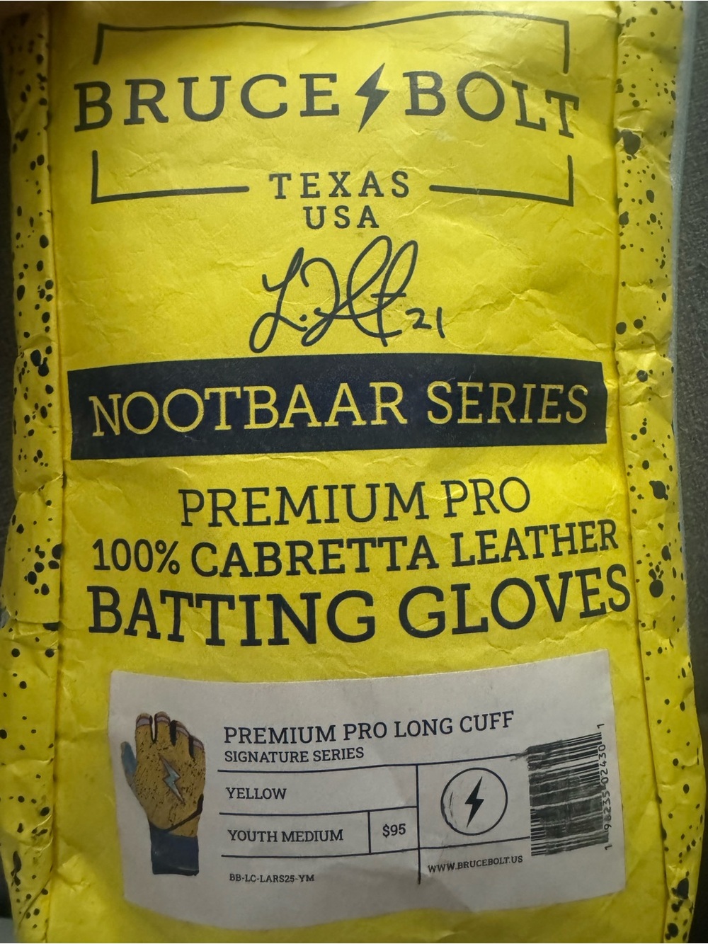Bruce Bolt Youth Premium Pro Yellow Batting Gloves